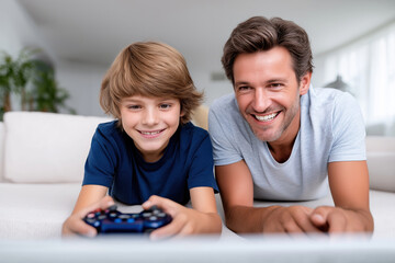Father and son enjoy gaming together in comfortable living room setting
