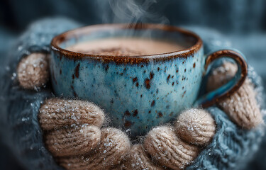 Fototapeta premium cup of hot coffee warming in the hands of a girl