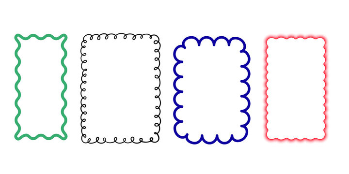 Set of wavy edges rectangle frames. Rectangular shapes with wiggly borders. Picture or photo frames, empty text boxes, label, tags on white background	