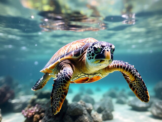 Fototapeta premium Sea turtle swimming underwater in tropical ocean