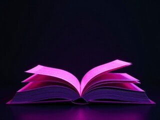 An open book with glowing pink pages against a dark background symbolizes reading and learning.
