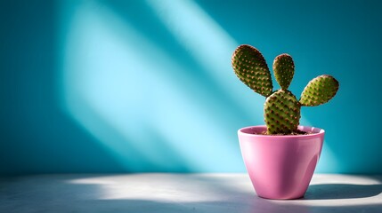 A potted cactus against a teal background, bathed in sunlight.