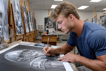Young artist creating detailed football player drawing in studio classroom setting in daytime