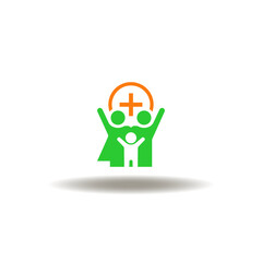 Fototapeta premium Vector illustration of happy family with hands up and health cross. Symbol of family medicine, home healthcare.