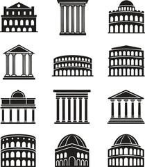 Building and Architecture Icons Set – Monuments, Domes, and Columns Vector