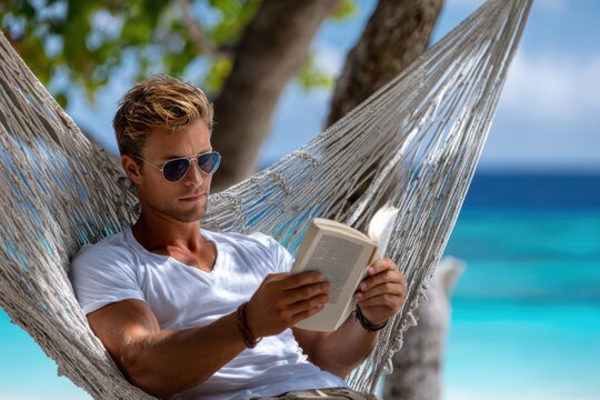 Relaxing in a hammock by the beach while reading a book in the afternoon sun