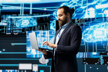 Engineer studying AI brain for data structures and predictive analytics, highlighting smart technology and machine learning for innovation and virtual intelligence. Algorithmic thinking.