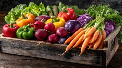 Colorful vegetables in a wooden crate.