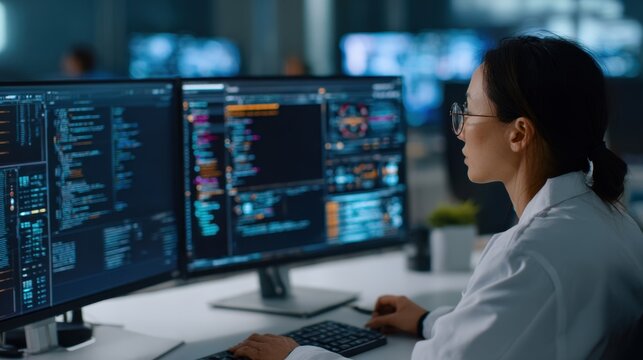 Medium shot of a pharmacovigilance analyst using dual monitors to validate AI flagged adverse events with blurred coding and datasets in the background.