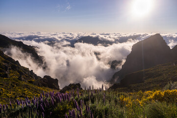 Scenic sunset view at Pico do Arieiro, hiking trail on Madeira Ilsland, Portugal