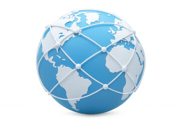 Global network lines connecting continents, symbolizing worldwide digital communication on translucent spherical background