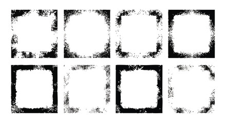 Obraz premium A collection of eight distinct black and white grunge frames with distressed textures, perfect for adding an artistic, worn edge to various design projects.