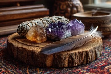 A captivating display of healing crystals and a feather on a wooden platform, showcasing their radiant energy and potential for spiritual growth and holistic well-being.