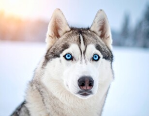 Close-up portrait of a Siberian Husky with striking blue eyes