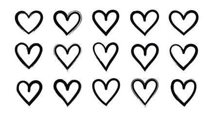 A collection of various hand-drawn black heart outlines in a grid pattern, perfect for expressing love, romance, and affection in creative designs.
