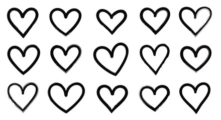 Fifteen charming hand-drawn black outline hearts, perfect for expressing love, romance, and affection in various creative design projects and digital art.