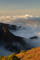 Madeira, Portugal. Hiking. Pico do Arieiro and Pico do Ruivo at sunset above the clouds