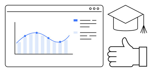 Digital graph analyzing educational performance alongside a graduation cap and thumbs-up gesture. Ideal for education, analytics, achievement, progress, success, research, simple landing page