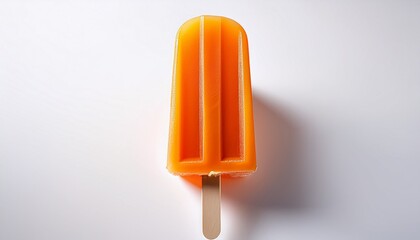 a vibrant orange popsicle with visible juice streaks and a wooden stick stands against a bright white background creating a refreshing summer treat image