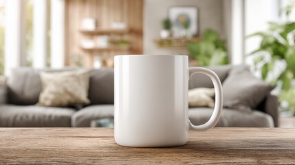 Obraz premium White mug on wooden table with blurred living room background