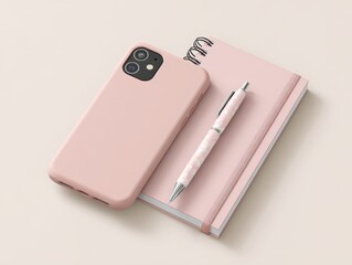 Pastel Pink Branding Mockup: Phone Case, Notebook, and Pen on Light Background