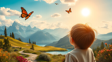 Red haired child contemplating a beautiful fantasy landscape with a bright sun, a flying butterfly, a path, mountains, a lake, and plants, representing remigration and repatriation