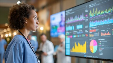 Fototapeta premium Healthcare administrator in sharp focus analyzing dynamic charts on a large hospital analytics display tracking patient admissions and discharges with other staff and screens