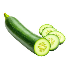 Fresh green cucumber, whole and sliced, isolated on a white background