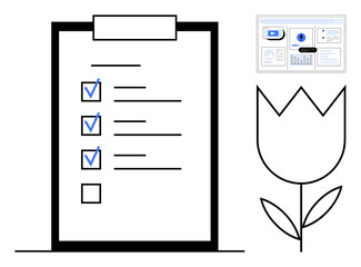 Clipboard with checklist, blue checkmarks, and blank box alongside framed data charts and tulip illustration. Ideal for productivity, organization, planning, task management, analytics, workflow