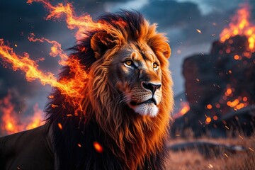 Naklejka premium Stunning Colorful Lion in a Fantasy Firestorm Artwork Design