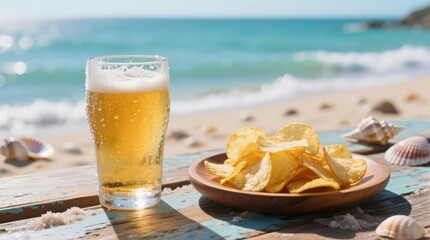 Close-up of Frosty Beer and Chips on Wooden Beach Table by Turquoise Sea