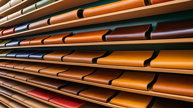 Vibrant natural vegetable-tanned leather displayed on a shop shelf in a handmade craft market
