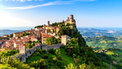 Obraz premium Medieval hilltop town, scenic landscape