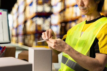 Male worker managing package labeling using shipment details adhesive tags, handling order...