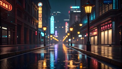 Fototapeta premium Night city street scene with neon lights reflections and wet asphalt background