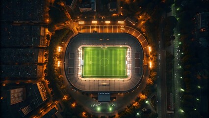 Aerial view of illuminated stadium at night for sports and entertainment venue shot