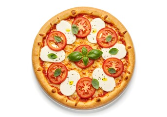 a Grandma-style pan pizza on a pure white background, thick crust, topped with fresh mozzarella slices, vibrant red tomato slices, and fresh basil leaves, lightly drizzled with olive oil, 