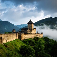 Naklejka premium Medieval castle nestled in misty mountains