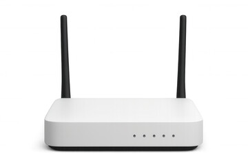 Realistic white wireless router with two black antennas isolated on transparent background, providing seamless connectivity