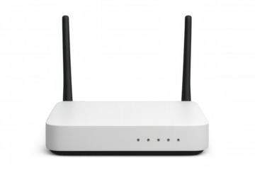 Realistic white wireless router with two black antennas isolated on transparent background, providing seamless connectivity