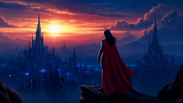 Powerful female superhero with flowing red cape standing confidently on mountain peak overlooking vast futuristic metropolis with gleaming towers under vibrant sunset sky. Strong silhouetted figure