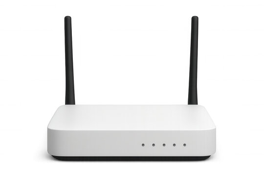 Realistic white wireless router with two black antennas isolated on transparent background, providing seamless connectivity