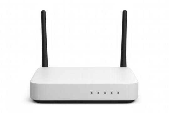 Realistic white wireless router with two black antennas isolated on transparent background, providing seamless connectivity