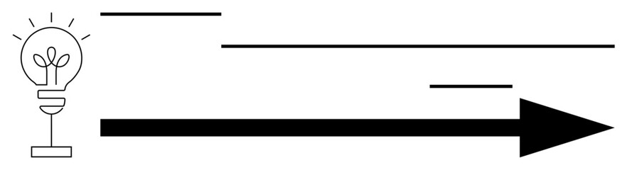 Obraz premium Lightbulb with sprouting plant transitioning into a sleek black arrow. Ideal for innovation, growth, progress, sustainability, forward-thinking, creativity, business vision. A simple flat metaphor