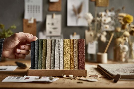 A close-up of a person holding a wooden tray with fabric swatches in various colors, sitting on a desk in front of a mood board and flowers.