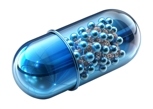 Blue Transparent Capsule with Blue and Silver Nanoparticles on Black Background pill medicine isolated on a transparent background - Powered by Adobe