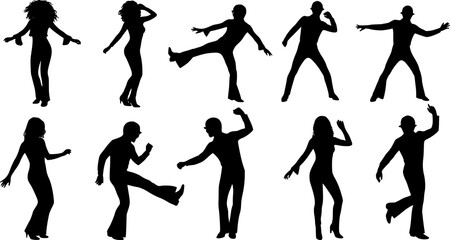 A group of retro 70s disco dancer silhouettes in groovy poses
