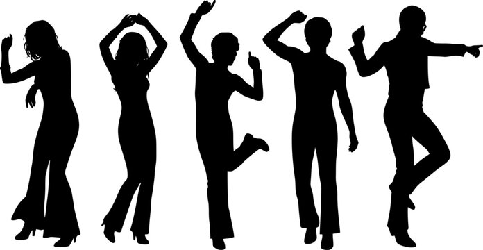 A group of retro 70s disco dancer silhouettes in groovy poses
