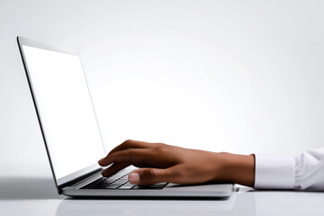 Hand typing on a laptop with a blank screen in a minimalistic workspace