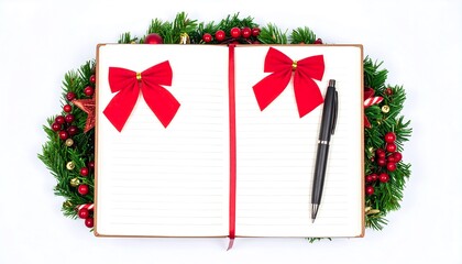 Open notebook with Christmas decorations